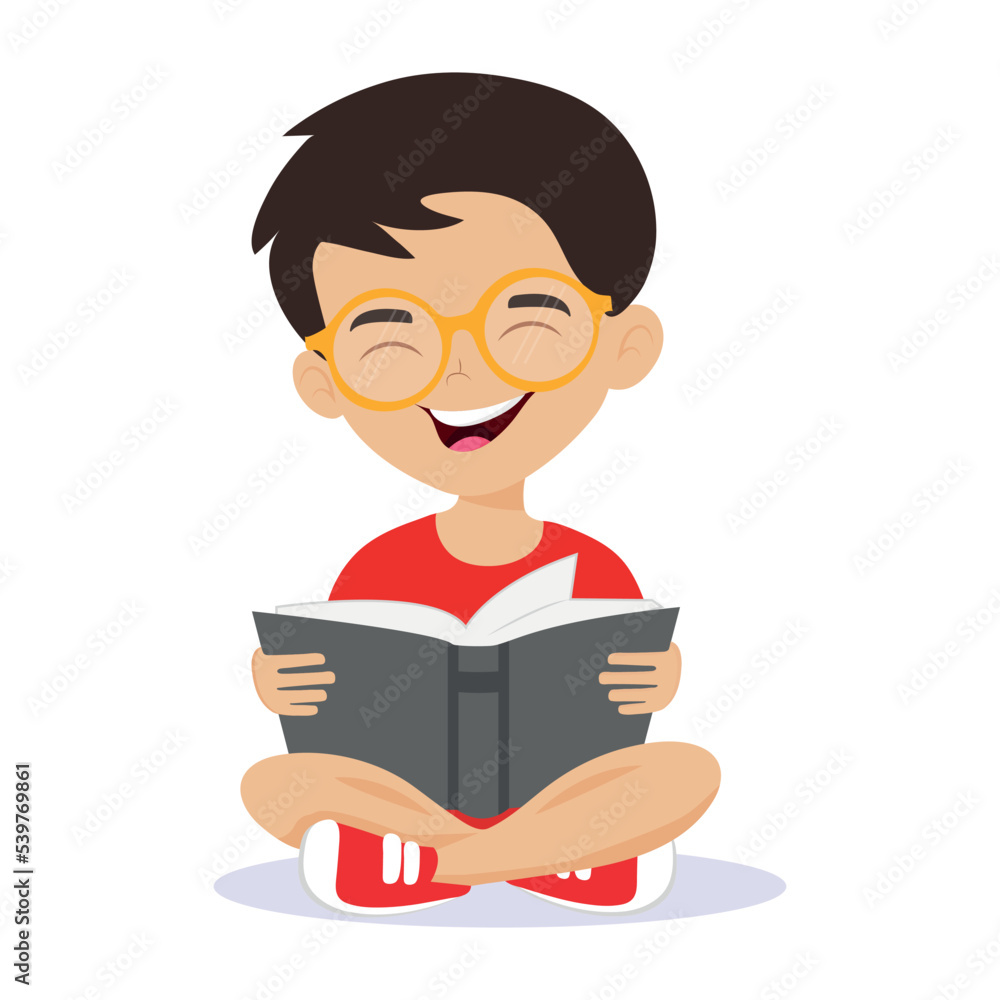 A boy in glasses with a book in his hands. Vector illustration