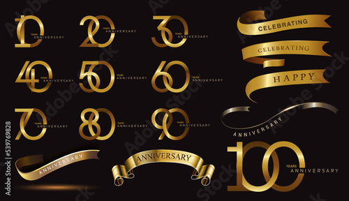 Set of anniversary logotype and gold ribbon.