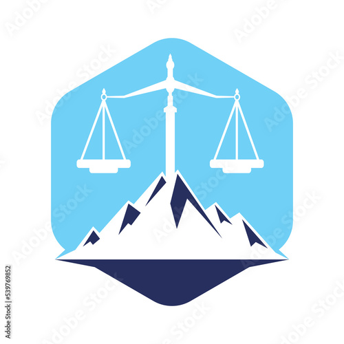 Mountains and symbols of justice. Law scale logo concept design.
