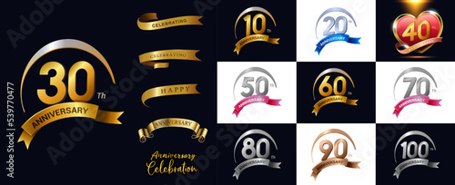 Set of anniversary logotype and gold ribbon.