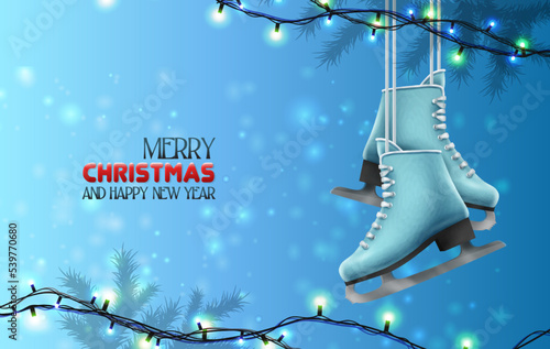 Happy New Year 2023. Merry Christmas. Template for greeting card, banner, flyer. Winter background with ice skating boots.