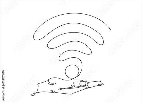 Hand holding Wi-Fi. Continuous line