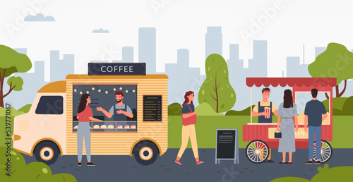 People walking in park and buying snacks in kiosk vendors. Outdoor street food market with trucks selling coffee drinks