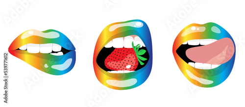 Sexy female rainbow bright lips with strawberry and sticking out tongue. Set of isolated vector illustrations