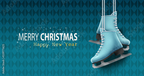 Happy New Year 2023. Merry Christmas. Template for greeting card, banner, flyer. Hanging ice skating