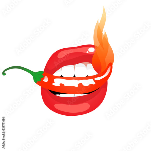 Sexy female red lips with burning red hot pepper in the teeth. Isolated vector illustration