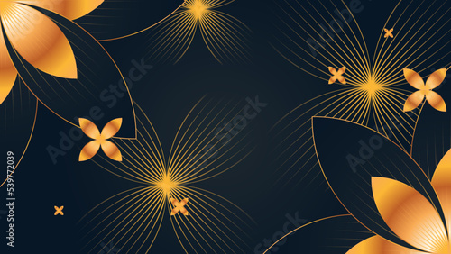 Luxury black and gold background with shiny floral flower. Black bronze stripes on dark perforated background