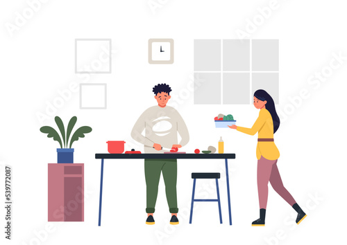 Cartoon characters cooking together. Male and female characters making meal. Man cutting ingredients and putting into pan