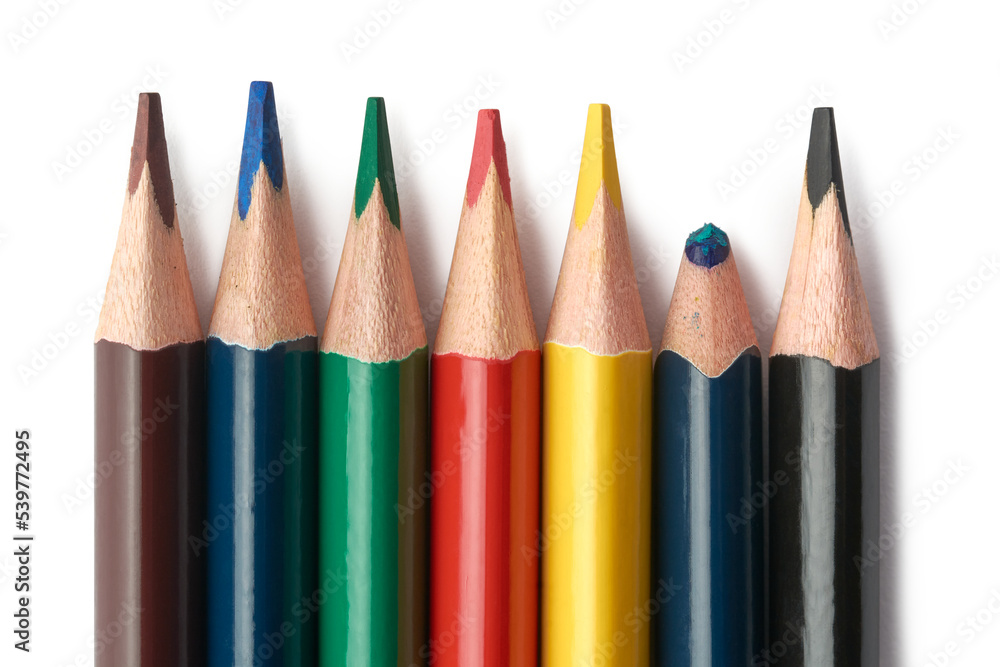 bunch of sharpened color pencils, used one with unused pencils isolated on white background bunch of sharpened color pencils, used one with unused pencils isolated on white background