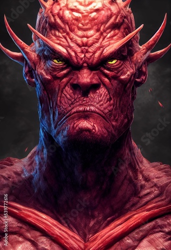 Canvas Print Hyper-realistic illustration of a red demon against a grey background
