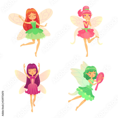 Cartoon fairy girls. Mythological girls in various colorful dresses, magical creatures with wings. Flying pretty female characters
