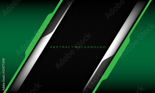 Abstract metallic green line black cyber geometric line slash overlap on black hexagon mesh pattern design modern luxury futuristic technology background vector
