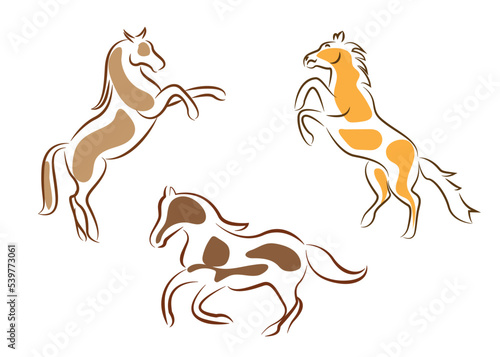 Set of cute cartoon horses of different configurations  colors and colors. Various colored horses  vector designs  various poses.