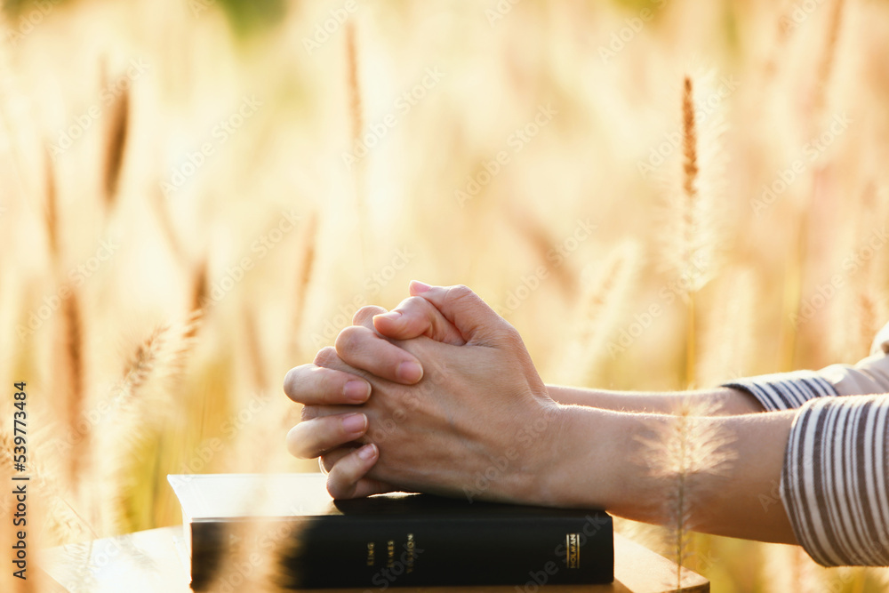 A Christian praying with his hands together on the holy bible on