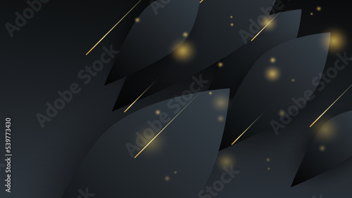Abstract black and gold luxury geometric shapes background with leaves