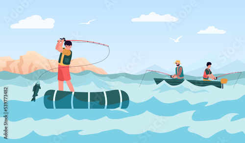 Catching fish sport and hobby. People in inflatable boats holding rod with fish. Men having recreation on holiday