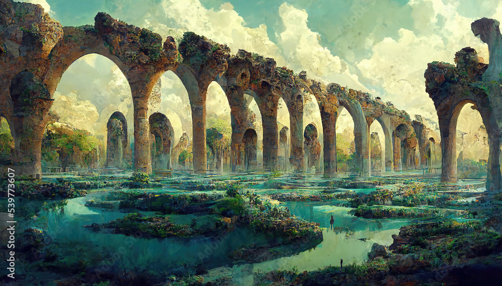 AI generated image of an ancient ruined Roman aqueduct somewhere in Europe 