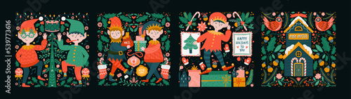 Greeting card with Christmas elves and scandinavian decorations