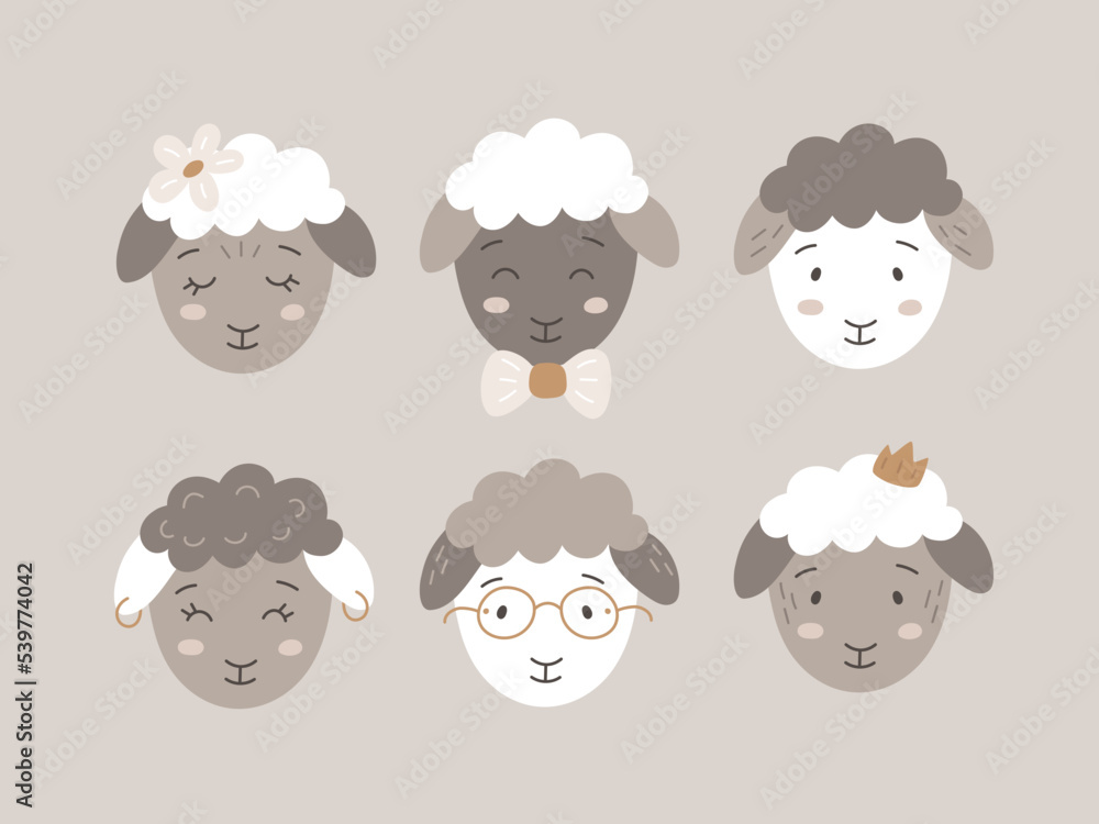 Cute vector collection of sheeps icons. Doodle set of lambs for children print. Hand drawn sheep head for kids Cute vector collection of sheeps icons. Doodle set of lambs for children print. Hand drawn sheep head for kids