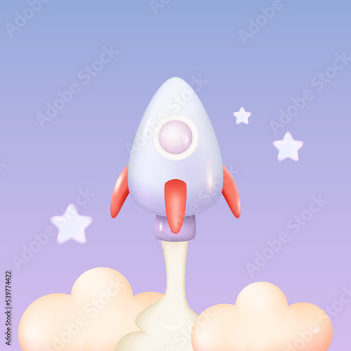 3D Space Rocket Ship Launch. Cartoon Spaceship with Smoke from Turbines. Startup Business Concept Vector Illustration