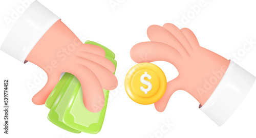 Hand Holding Dollar Coin for Transfer to Banknote. Exchange Money Concept for Online Payment. 3D Illustration Isolated on Transparent Background