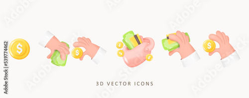 3d Money Concept Vector Icon Set. Dollar Coins, Banknotes, Wallet with Cash, Hands Holding Money. Exchange Money Concept , Online Payment, Charity Sign. 3D Vector Illustration