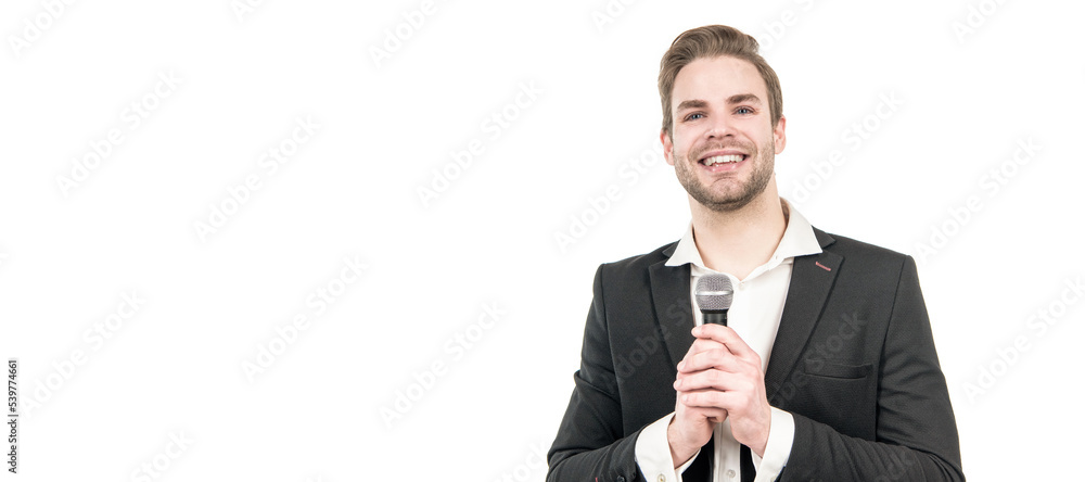 He works as anchorman. Happy anchorman isolated on white. Business man speak to microphone. Man face portrait, banner with copy space. He works as anchorman. Happy anchorman isolated on white. Business man speak to microphone. Man face portrait, banner with copy space.