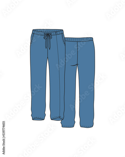 blue jeans isolated on white. fashion. pants on both sides. clothing vector illustration. design. blue sweatpants with laces. joggers, pants with pockets. icon. jeans. fashion