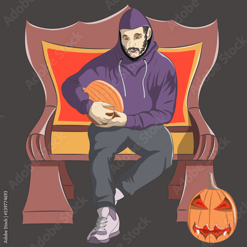 A young modern vampire with fangs sits on a throne among orange pumpkins.