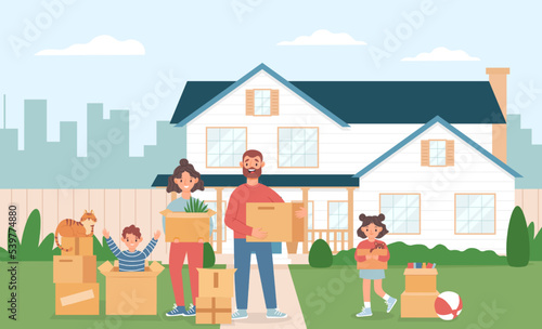 Family moving into new house. Parents and daughter carrying cardboard boxes with household stuff, son sitting in carton