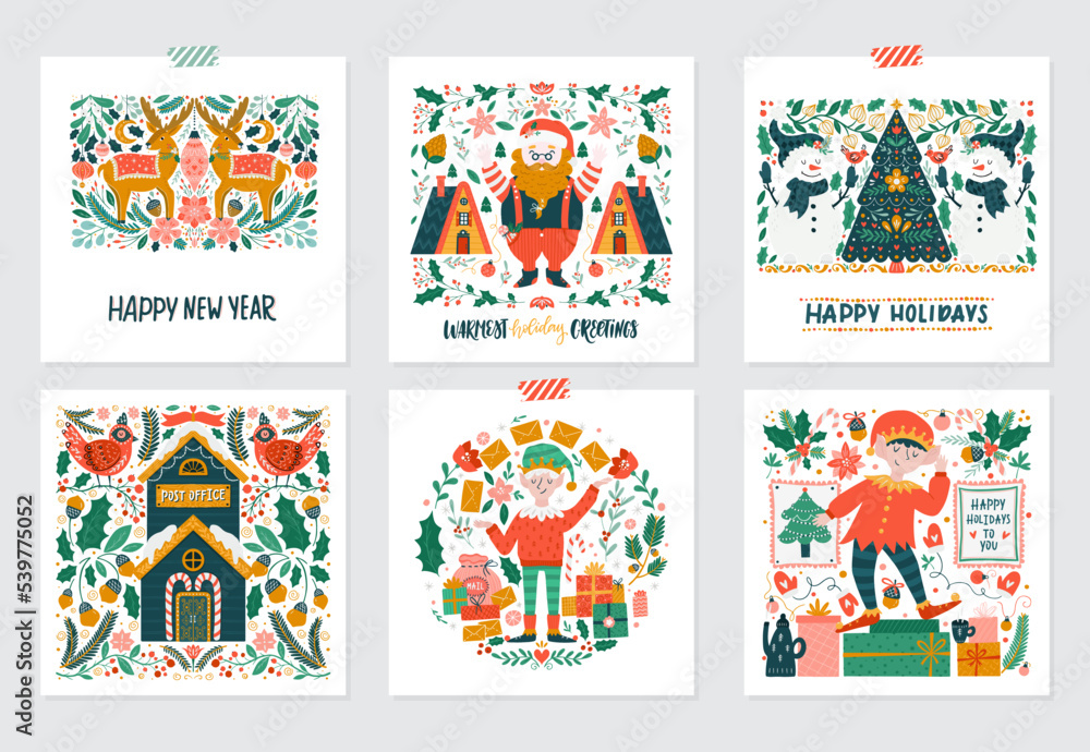 Greeting card with Christmas elf, Santa Clause, deer, snowman