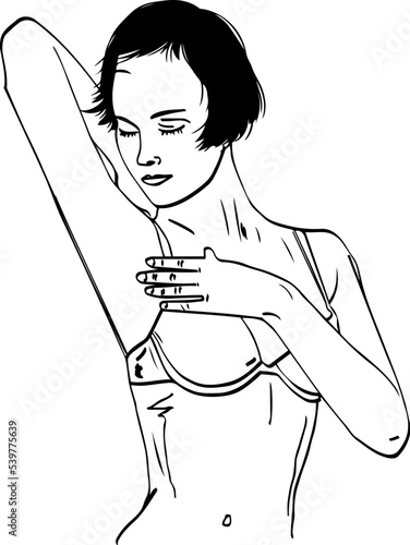 woman showing her hairless armpit; deodorant armpit underarm outline vector illustration; young girl sketch drawing her underarm; female beauty clip art symbol