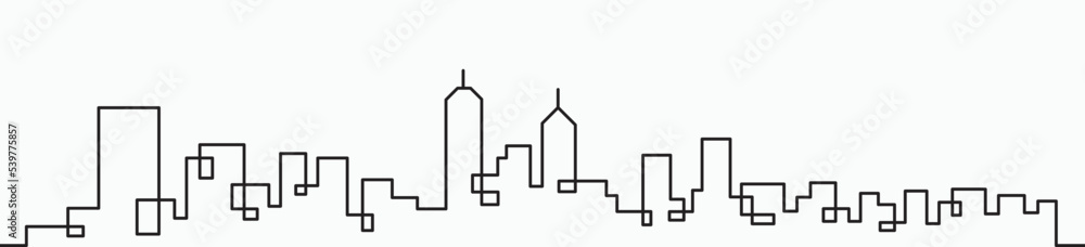 Modern City Skyline continuous outline drawing on white background.