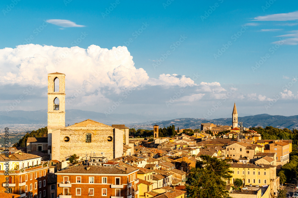 A view of the old town and the Basilica di San Domenico church in Perugia, Umbria, Italy, Europe