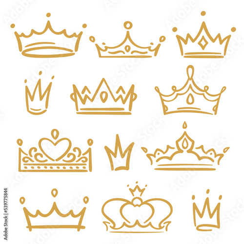 Gold sketch crowns. Various royal accessories for queen and king, prince and princess. Hand drawn diadems