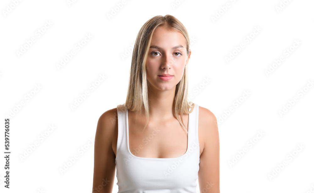 Portrait of young beautiful cute girl looking at camera over white background. Portrait of young beautiful cute girl looking at camera over white background.