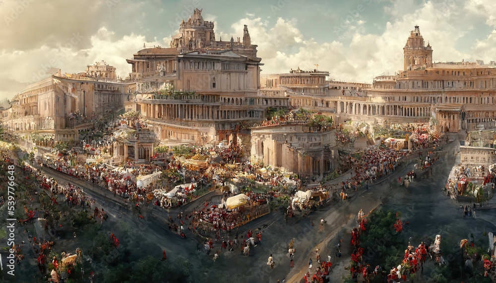 AI generated image of aerial view of ancient Rome with palaces, temples, gardens, roads, markets, chariots and people walking around  - obrazy, fototapety, plakaty 