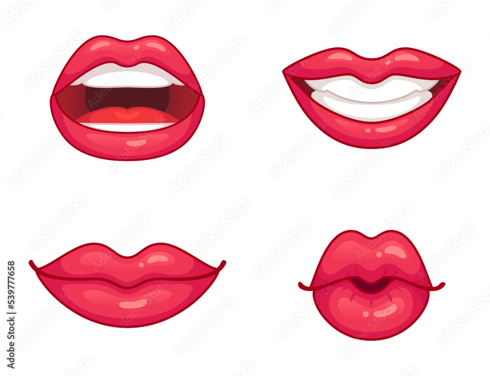 Lips collection. Glossy pink lipstick with different expressions. Kissing, smiling with white teeth, half open Lips collection. Glossy pink lipstick with different expressions. Kissing, smiling with white teeth, half open