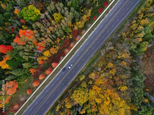 Aerial view of city road surrounded by autumn forest.
