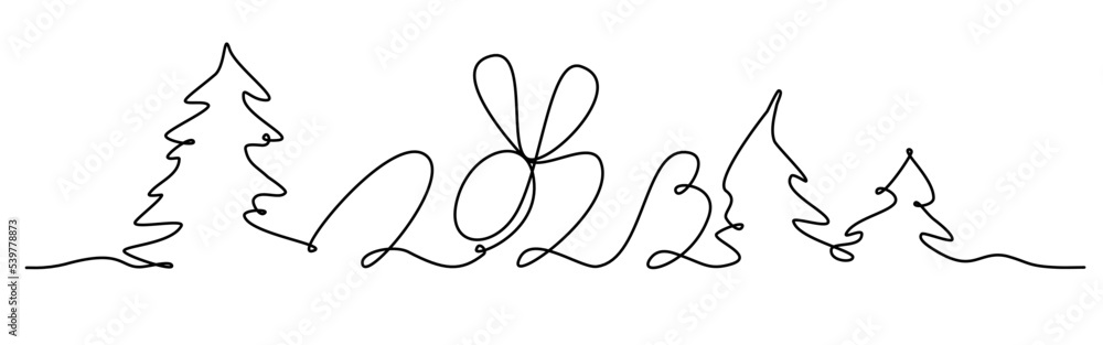 New Year's text of 2023 with Rabbit ears and Christmas Trees Firs Continuous one line drawing. Inscription stripe with 2023 Winter Continuous line landscape snowdrifts. Isolated Vector illustration New Year's text of 2023 with Rabbit ears and Christmas Trees Firs Continuous one line drawing. Inscription stripe with 2023 Winter Continuous line landscape snowdrifts. Isolated Vector illustration