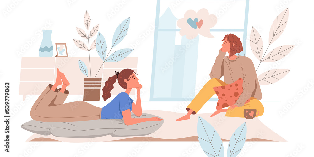 Obraz premium Dreaming people web concept in flat style. Women sit at cozy room, dreaming, thinking desires. Inspiration and imagination. People character activities scenes. Illustration for website template