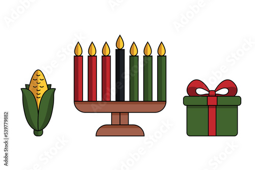 Modern flat illustration of Kwanzaa Kinara candle holder with shadows, outline, seven candles, corn - Muhindi, gift box - Zawadi. Vector isolated on white background. Trendy African heritage clipart
