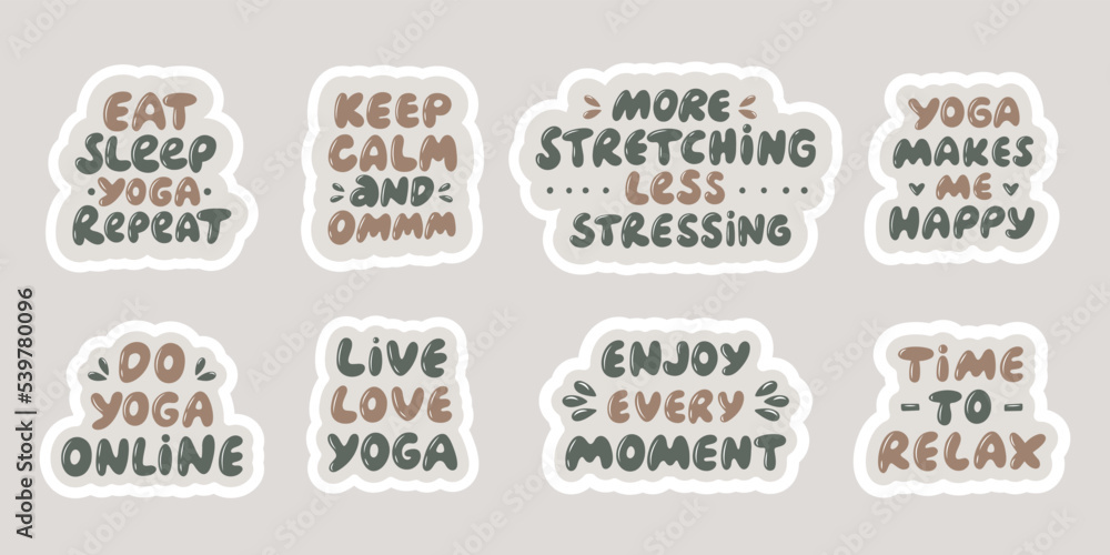Fototapeta premium Inspirational Yoga Quotes. Stickers for International day of yoga. Vector illustration with hand lettering.