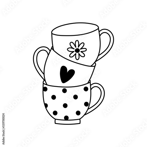 Line art cups of tea or coffee. Hand drawn doodle style design. 