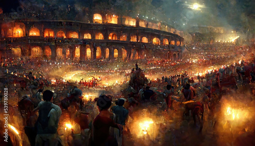AI generated image of a large crowd watching a chariot race and gladiator fight in the Colosseum, ancient Rome 