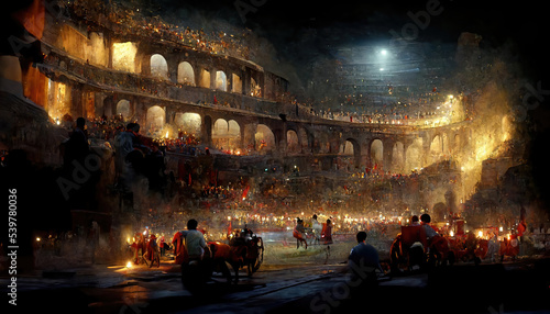 AI generated image of a large crowd watching a chariot race and gladiator fight in the Colosseum, ancient Rome   photo