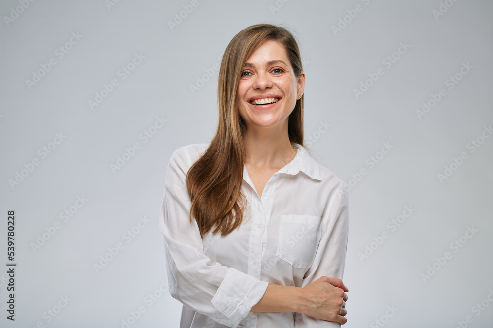 Portrait of happy smiling business woman in white shirt. Portrait of happy smiling business woman in white shirt.