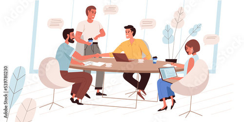 Business meeting web concept in flat style. Company employees communicate in conference room. Colleagues discuss work tasks. People character activities scene. Illustration for website template