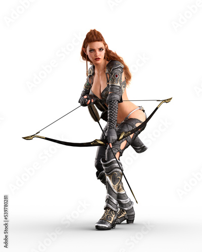 Beautiful sexy dark elf archer woman with arrow drawn in her bow creeping stealthily towards an intended target. 3D rendering isolated on transparent background.