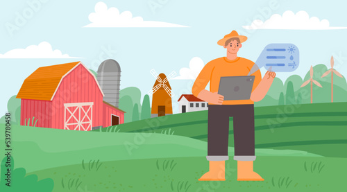 Smart and eco farming technology. Young male farmer holding tablet and having wireless remote control